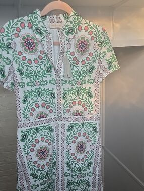 Tory Burch White Dress with Green and Pink Medallion Print